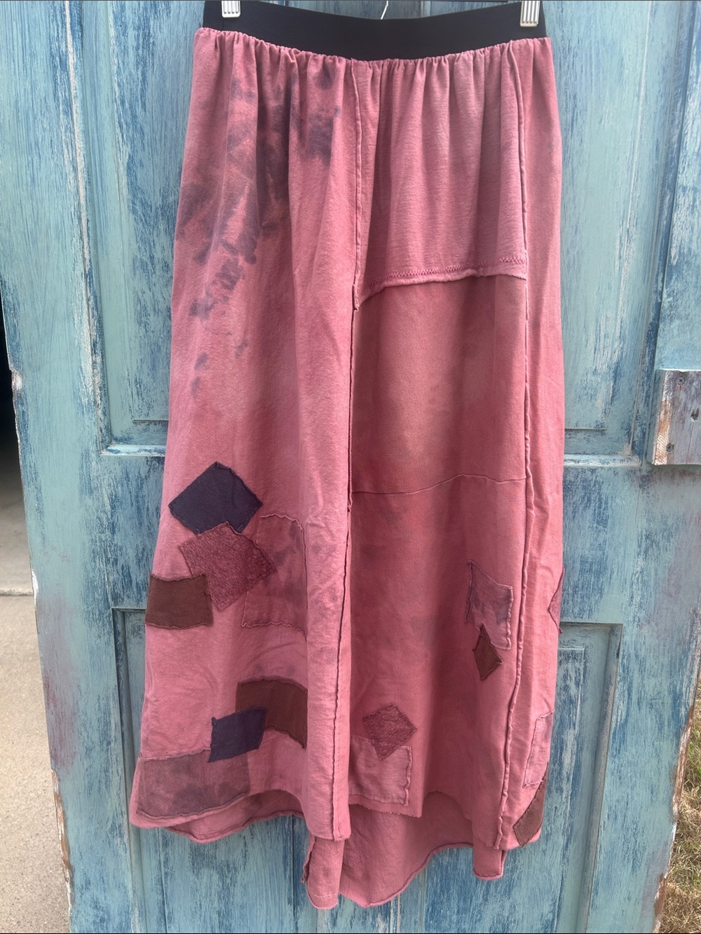 Upcycled patched and dyed t shirt maxi skirt